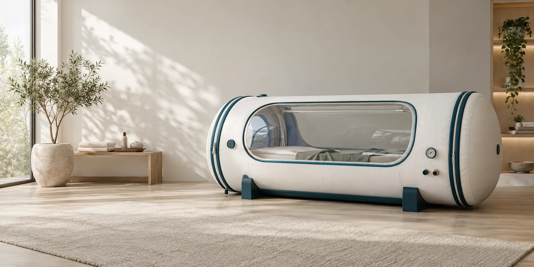 Conceptual illustration of a mild hyperbaric wellness chamber in a calm interior